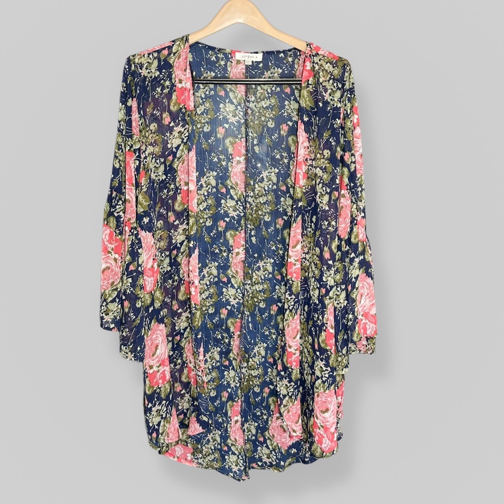 Umgee Plus Size 1XL/2XL Blue Floral Kimono Bell Sleeve Boho Topper Flowy Beachy